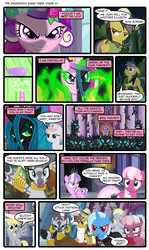 Size: 800x1340 | Tagged: safe, artist:newbiespud, artist:thedigodragon, edit, edited screencap, screencap, cheerilee, daring do, derpy hooves, diamond tiara, nurse redheart, princess cadance, queen chrysalis, trixie, zecora, changeling, changeling queen, earth pony, pegasus, pony, unicorn, zebra, comic:friendship is dragons, g4, alicorn amulet, bracelet, cloak, clothes, collaboration, comic, dialogue, disguise, disguised changeling, dungeons and dragons, ear piercing, earring, evil grin, female, floral head wreath, flower, grin, hat, jewelry, mare, neck rings, piercing, pith helmet, raised hoof, screencap comic, smarmony tries, smiling, sombra eyes, tiara