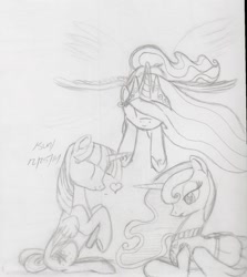 Size: 1250x1403 | Tagged: safe, artist:slash-sun-slash, princess celestia, princess luna, twilight sparkle, alicorn, pony, g4, celestiadoodle, clothes, female, flying, heart, mare, monochrome, sweater, traditional art, twilight sparkle (alicorn)