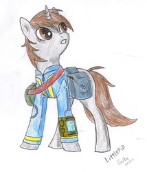 Size: 1280x1497 | Tagged: safe, artist:cloud-up, oc, oc only, oc:littlepip, pony, unicorn, fallout equestria, clothes, explicit source, fanfic, fanfic art, female, jumpsuit, mare, pipbuck, simple background, solo, traditional art, vault suit, white background