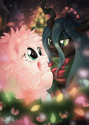 Size: 752x1063 | Tagged: safe, artist:mallemagic, queen chrysalis, oc, oc:fluffle puff, g4, canon x oc, christmas, clothes, female, hearth's warming eve, lesbian, scarf, ship:chrysipuff, shipping