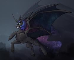 Size: 1280x1038 | Tagged: safe, artist:casynuf, nightmare moon, princess luna, alicorn, pony, g4, bat wings, clothes, cloud, curved horn, ethereal mane, fangs, female, flying, gritted teeth, horn, mare, see-through, sky, solo, spread wings, starry mane, wing claws, wings
