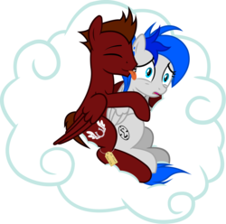Size: 3521x3486 | Tagged: safe, artist:outlawedtofu, oc, oc only, oc:mach, oc:sapphire sights, pegasus, pony, fallout equestria, :p, cloud, cuddling, eyes closed, female, frown, gift tag, hape, high res, hug, licking, male, mare, non-consensual cuddling, non-consensual licking, nonconsensual, on side, scared, simple background, smiling, snuggling, stallion, tongue out, transparent background, vector, wide eyes