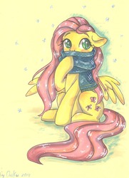 Size: 1280x1768 | Tagged: safe, artist:cloud-up, fluttershy, g4, clothes, female, floppy ears, scarf, snow, snowfall, solo, traditional art, winter