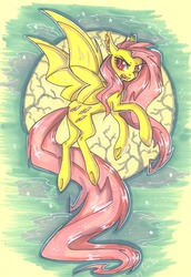 Size: 1280x1858 | Tagged: safe, artist:cloud-up, fluttershy, g4, female, flutterbat, moon, night, solo, traditional art