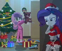 Size: 1300x1083 | Tagged: safe, artist:bluse, rarity, sweetie belle, equestria girls, g4, belly button, christmas, christmas tree, cleavage, clothes, cute, diasweetes, duo, evening gloves, female, holiday, midriff, pajamas, present, santa costume, show accurate, sisters, skirt, slippers, story in the comments, teddy bear, tree