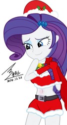 Size: 900x1664 | Tagged: safe, artist:bluse, rarity, equestria girls, g4, background removed, belly button, christmas, clothes, evening gloves, female, hat, midriff, present, santa costume, santa hat, sexy, show accurate, signature, simple background, solo, white background