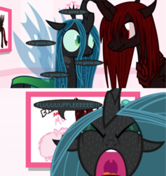 Size: 845x891 | Tagged: safe, edit, queen chrysalis, oc, oc:marksaline, changeling, tumblr:ask fluffle puff, g4, comic, crying, fear, panic, screaming, sweat, whining