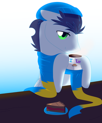 Size: 1600x1920 | Tagged: dead source, safe, artist:sparkle-bubba, soarin', g4, clothes, drink, food, hot chocolate, male, pie, scarf, solo, that pony sure does love pies