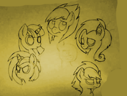 Size: 640x480 | Tagged: safe, artist:divergentassailant, dj pon-3, fluttershy, twilight sparkle, vinyl scratch, oc, earth pony, pegasus, pony, unicorn, g4, flutterbat, portrait, sketch