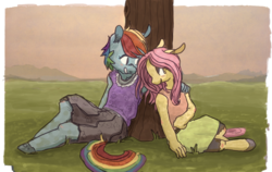 Size: 900x568 | Tagged: safe, artist:shiropoint, artist:spectralunicorn, fluttershy, rainbow dash, anthro, g4, colored, female, lesbian, ship:flutterdash, shipping, tree