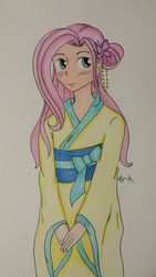 Size: 540x960 | Tagged: safe, artist:shyredd, fluttershy, human, g4, female, humanized, kimono (clothing), solo, traditional art