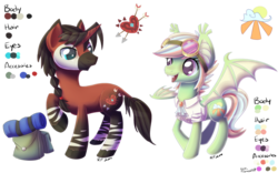 Size: 1024x640 | Tagged: safe, artist:alidythera, oc, oc only, oc:misty dawn, oc:ruined heart, bat pony, hybrid, okapi, original species, pony, unicorn, stripes