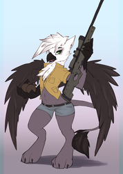 Size: 1425x2000 | Tagged: safe, artist:wildshard, oc, oc only, oc:eraclea, griffon, anthro, arctic warfare, awp l96, bedroom eyes, belly button, bipedal, clothes, female, gradient background, grenade, gun, looking at you, midriff, open mouth, optical sight, rifle, shorts, smiling, sniper, sniper rifle, solo, spread wings, weapon, wings