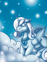 Size: 1020x1320 | Tagged: safe, artist:kiramoses, oc, oc only, oc:snowdrop, alicorn, pony, cloud, cloudy, older, older snowdrop, princess snowdrop, prone, race swap, solo