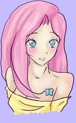 Size: 663x1072 | Tagged: safe, artist:kaeaskavi, fluttershy, human, g4, clothes, female, humanized, off shoulder, solo