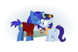 Size: 1040x700 | Tagged: safe, artist:dm29, oc, oc only, g4, clothes, drink, duo, licking, scarf, simple background, transparent background, wintertime