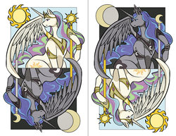 Size: 1280x989 | Tagged: safe, artist:qiisnii, princess celestia, princess luna, g4, moon, scepter, sun