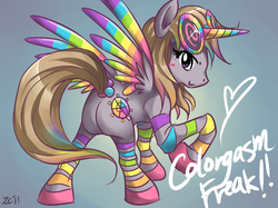 Size: 1417x1062 | Tagged: safe, artist:qiisnii, oc, oc only, oc:colourgasm freak, alicorn, pony, alicorn oc, clothes, heart, socks, solo