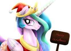 Size: 1600x1157 | Tagged: safe, artist:pinkrose2001, princess celestia, pony, g4, christmas, clothes, female, hat, mare, santa costume, santa hat, sign, simple background, smiling, solo, transparent background