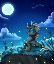 Size: 2370x2825 | Tagged: safe, artist:pridark, oc, oc only, changeling, cliff, frown, high res, looking up, moon, night, prone, solo