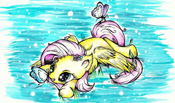 Size: 754x445 | Tagged: safe, artist:xxsilvixx, fluttershy, butterfly, g4, butterfly on nose, female, flower, flower in hair, insect on nose, prone, smiling, solo, spread wings, traditional art