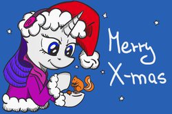 Size: 600x400 | Tagged: safe, artist:notlikelyanartist, rarity, squirrel, g4, ear warmers, female, hat, santa hat, solo