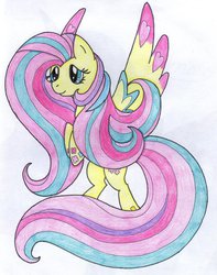 Size: 1024x1297 | Tagged: safe, artist:natura-aranza, fluttershy, g4, female, rainbow power, smiling, solo, traditional art