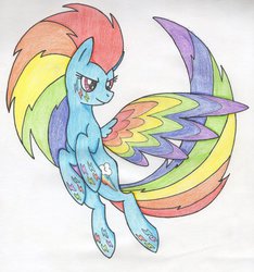 Size: 1024x1094 | Tagged: safe, artist:natura-aranza, rainbow dash, g4, female, flying, rainbow power, solo, traditional art