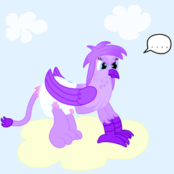 Size: 1280x1280 | Tagged: artist needed, source needed, safe, oc, oc only, oc:cassandra, griffon, ..., cloud, cloudy, diaper, female, mute, non-baby in diaper, poofy diaper, purple, solo