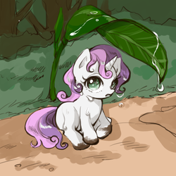 Size: 512x512 | Tagged: safe, artist:wan, sweetie belle, pony, unicorn, g4, blank flank, cute, diasweetes, dirty, dirty hooves, female, filly, foal, leaf, looking at you, mud, muddy, sitting, solo, water, water droplet, wet, wet mane