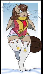 Size: 743x1280 | Tagged: safe, artist:arnachy, oc, oc only, oc:cookie dough, oc:cookie dough (trottingham), pegasus, anthro, unguligrade anthro, bee (character), bee and puppycat, chubby, clothes, curvy, cute, puppycat, scarf, snow, socks, solo, sweater, thunder thighs, wide hips