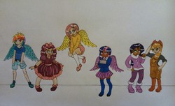 Size: 1280x780 | Tagged: safe, artist:sinderlocke, applejack, fluttershy, pinkie pie, rainbow dash, rarity, twilight sparkle, human, g4, dark skin, horn, horned humanization, humanized, mane six, traditional art, twilight sparkle (alicorn), winged humanization, younger