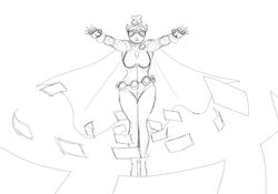 Size: 2500x1750 | Tagged: safe, artist:amaraburrger, raven, anthro, g4, cape, clothes, cosplay, crossover, floating, magic, monochrome, raven (dc comics), telekinesis, tights