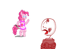 Size: 1100x850 | Tagged: safe, artist:redanon, pinkie pie, oc, oc:anon, g4, apron, chair, clothes, knife, rope