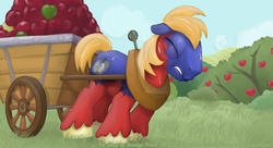 Size: 1980x1080 | Tagged: safe, alternate version, artist:smudge proof, big macintosh, oc, oc:dhey, earth pony, pony, g4, apple, cart, character to character, commission, eyes closed, gritted teeth, male, mid-transformation, solo, stallion, straining, sweat, transformation, wallpaper