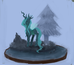 Size: 1561x1369 | Tagged: dead source, safe, artist:berrydrops, queen chrysalis, bird, g4, female, looking down, simple background, solo, tree, water