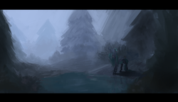 Size: 1051x607 | Tagged: dead source, safe, artist:berrydrops, queen chrysalis, g4, female, fog, forest, looking down, scenery, solo, water