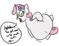 Size: 433x333 | Tagged: safe, artist:varemia, sweetie belle, pony, unicorn, g4, belly, bloomprey, dialogue, digestion, female, fetish, implied apple bloom, implied death, preybloom, sweetiepred, vore