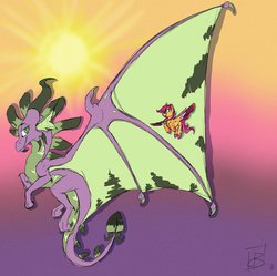 Size: 895x892 | Tagged: safe, artist:cosmic-brownie, scootaloo, spike, dragon, g4, flying, older, scootaloo can fly, spike can fly, winged spike, wings