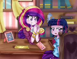 Size: 1200x913 | Tagged: safe, artist:lucy-tan, princess cadance, twilight sparkle, human, equestria girls, g4, equestria girls-ified, guidance counselor, sisters-in-law, twilight sparkle (alicorn), twilight sparkle is not amused, unamused