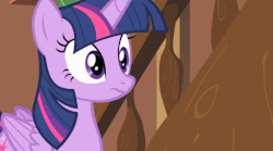 Size: 840x466 | Tagged: safe, screencap, twilight sparkle, alicorn, pony, g4, three's a crowd, animated, female, frown, glare, mare, no, open mouth, purple text, reaction, reaction image, solo, spread wings, stairs, subtitles, twilight sparkle (alicorn)