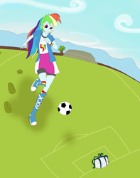 Size: 2190x2775 | Tagged: safe, artist:final7darkness, rainbow dash, equestria girls, g4, boots, clothes, compression shorts, football, giantess, high res, macro, request, requested art, skirt, wristband