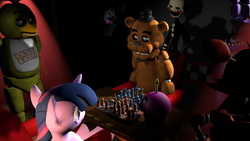 Size: 1920x1080 | Tagged: safe, artist:princesslittlemoon, twilight sparkle, g4, bonnie (fnaf), chess, chessboard incorrectly oriented, chica, crossover, cupcake, five nights at freddy's, foxy, freddy fazbear, mangle, marionette