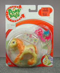 Size: 720x880 | Tagged: safe, earth pony, pony, bootleg, braid, female, hairclip, lanard, mare, photo, pony tails, sticker, strawberry vine, text, toy