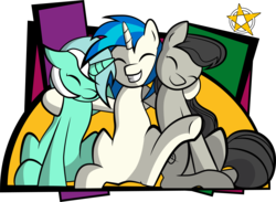 Size: 2663x1947 | Tagged: source needed, useless source url, safe, artist:amberpendant, dj pon-3, lyra heartstrings, octavia melody, vinyl scratch, earth pony, pony, unicorn, g4, ^^, cute, eyes closed, simple background, transparent background, trio