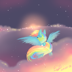 Size: 1024x1024 | Tagged: safe, artist:missmagicalwolf, rainbow dash, g4, cloud, cloudy, dusk, female, solo