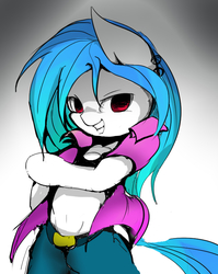 Size: 619x778 | Tagged: safe, artist:skippy_the_moon, dj pon-3, vinyl scratch, semi-anthro, g4, belly button, clothes, female, pixiv, solo