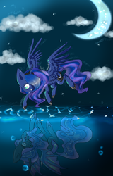 Size: 1024x1600 | Tagged: safe, artist:missmagicalwolf, nightmare moon, princess luna, g4, cloud, cloudy, duality, female, flying, moon, night, reflection, solo, water
