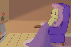 Size: 977x649 | Tagged: safe, artist:lifesharbinger, fluttershy, g4, blanket, chair, comfy, couch, cup, female, fireplace, flower, solo