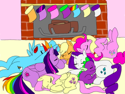 Size: 800x600 | Tagged: safe, artist:celestialsapphire, applejack, fluttershy, pinkie pie, rainbow dash, rarity, spike, twilight sparkle, alicorn, pony, g4, christmas stocking, cuddle puddle, cuddling, female, fireplace, mane seven, mane six, mare, sleeping, twilight sparkle (alicorn), yawn